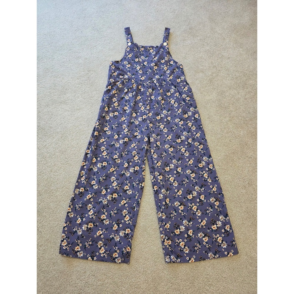 Floral Wide Leg Cotton Jumpsuit Purple Blue Overalls L
